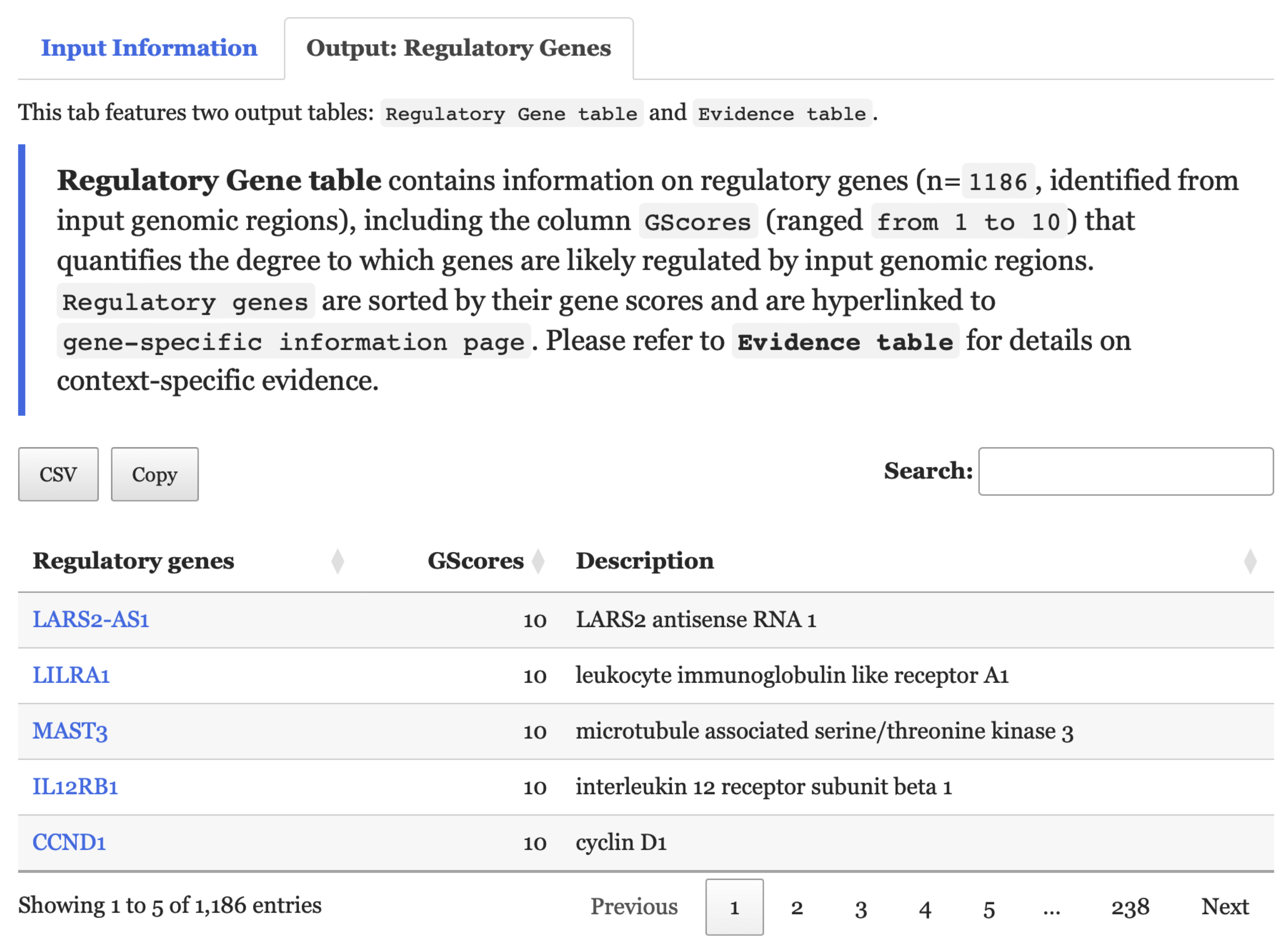 `Regulatory Gene table` within the `Output: Regulatory Genes` tab is depicted in this figure.