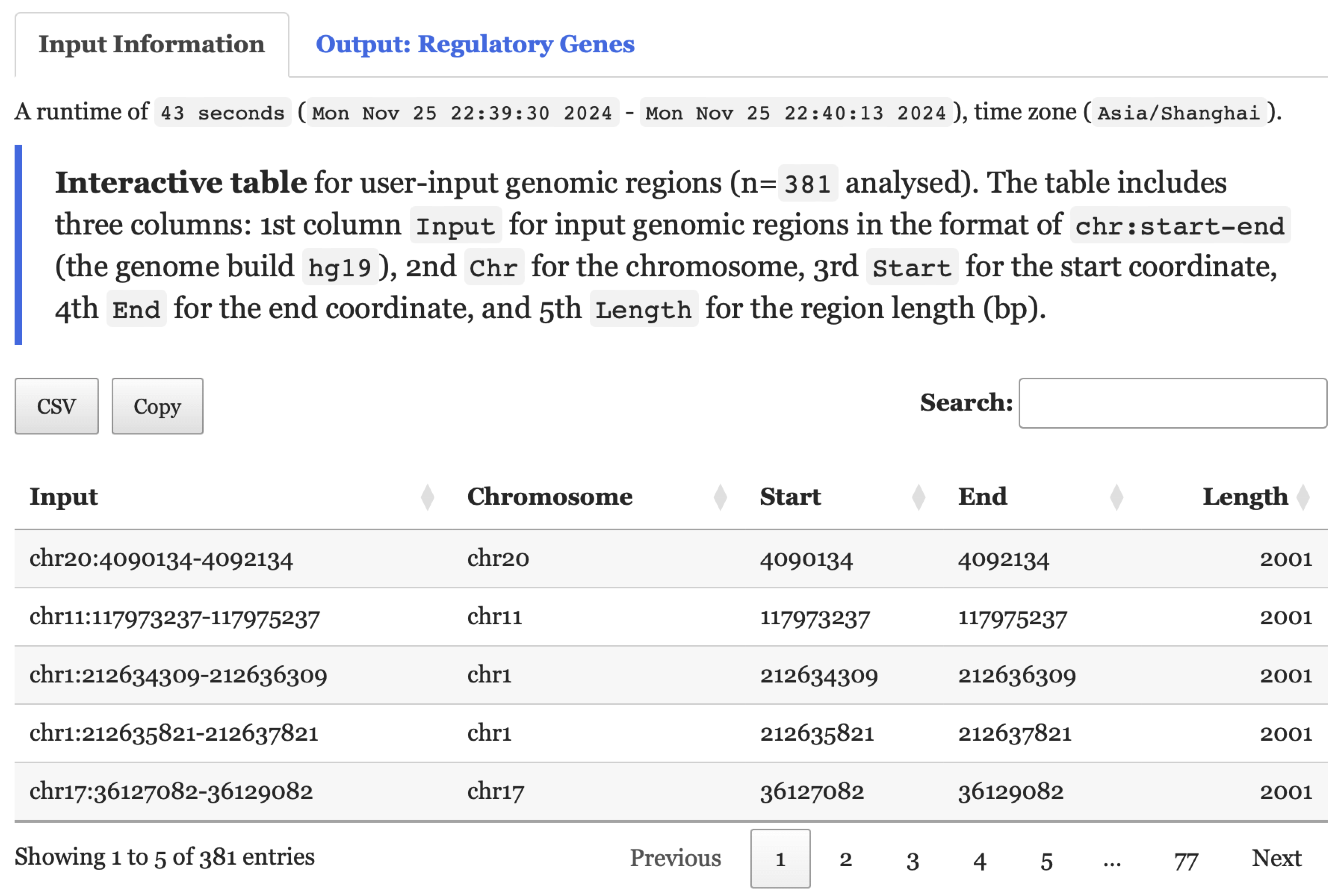 A summary table of the user-input data displayed under the `Input Information` tab for exploration.