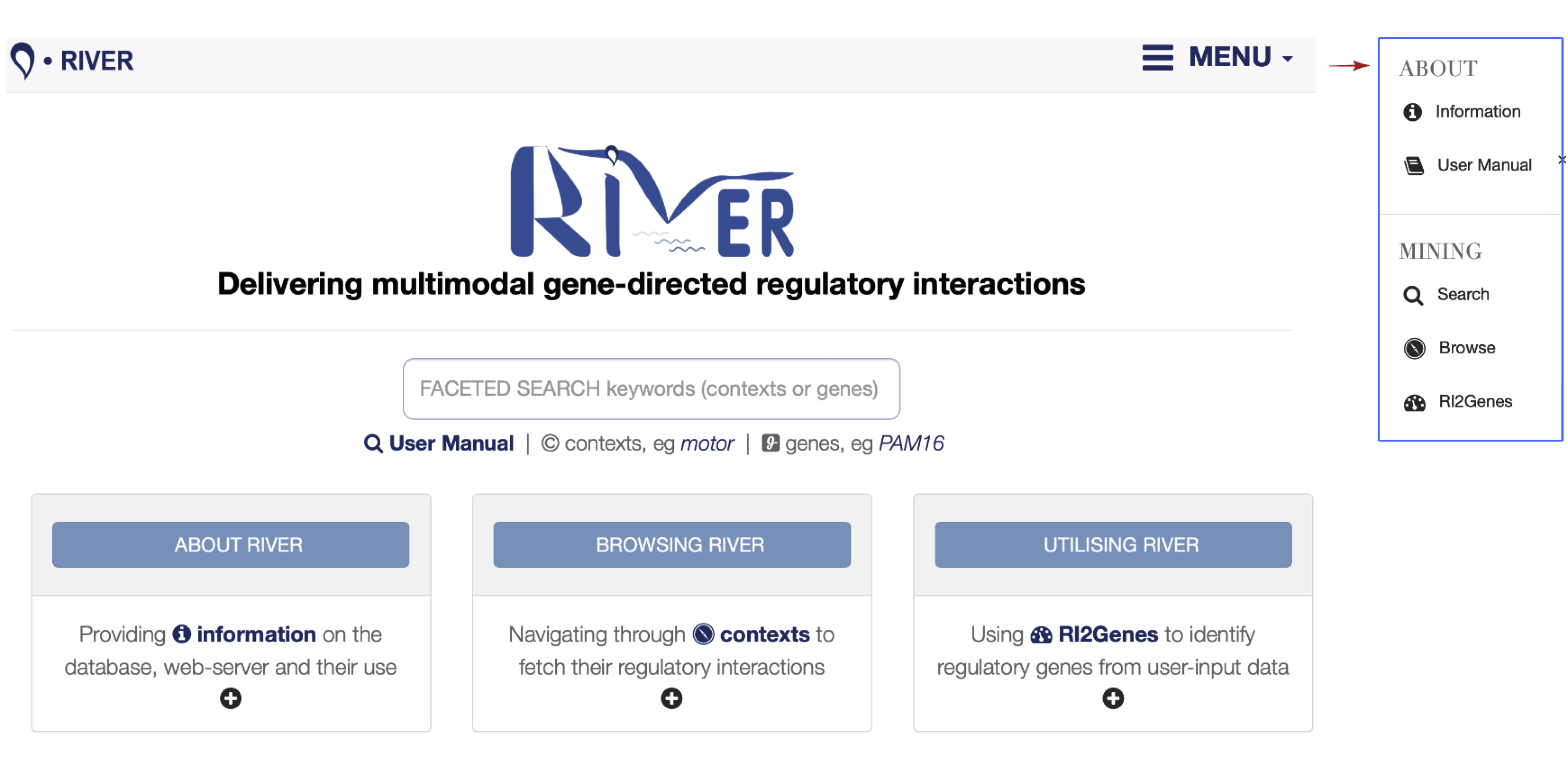 The RIVER web-server's landing frontpage features four key data-mining capabilities: `Search`, `Browse`, `RI2Genes`, and `RI2Terms`.