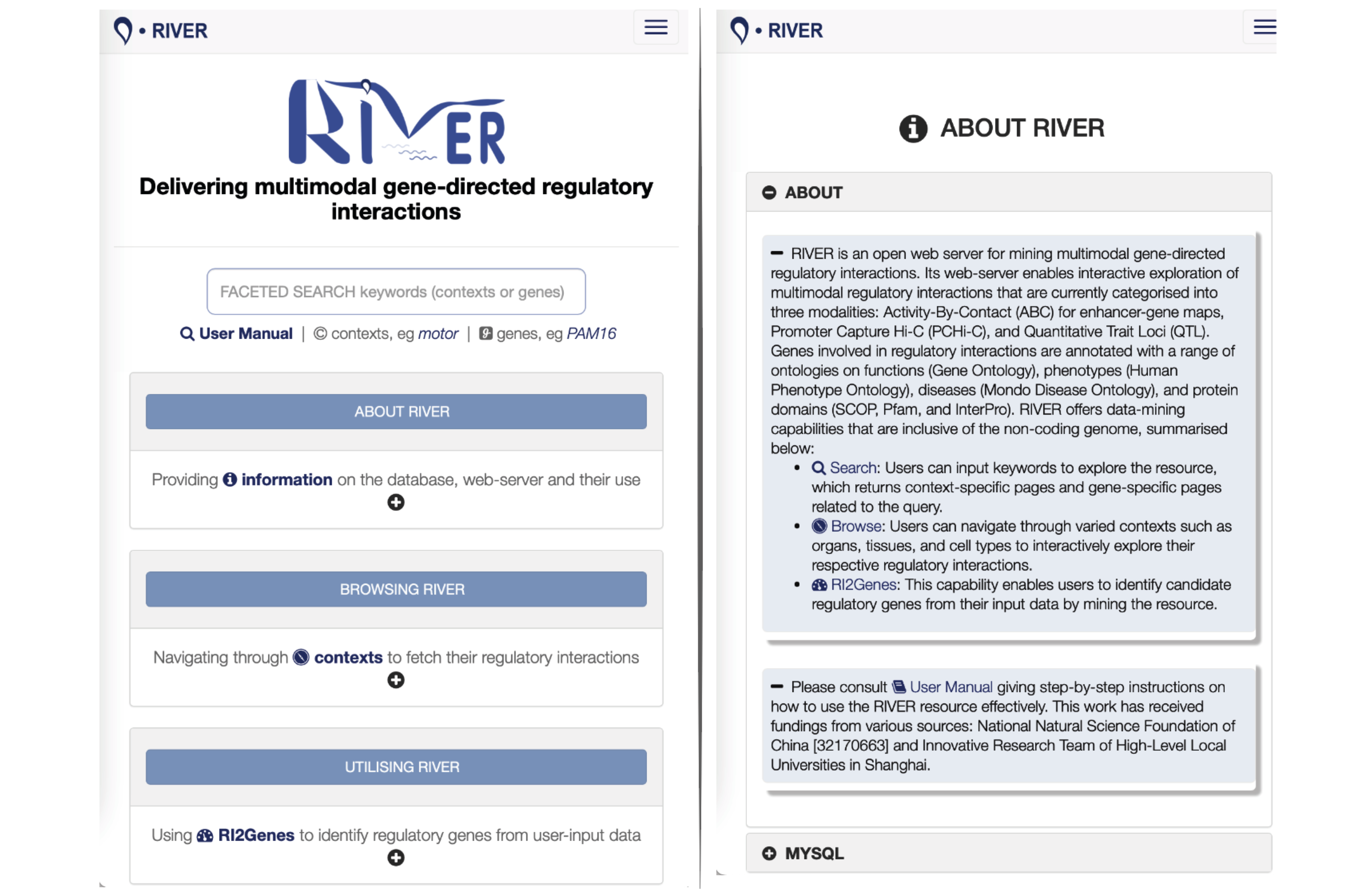 Screenshots of the RIVER web-server visited via a smartphone. On the left is the frontpage, and on the right is the about page.